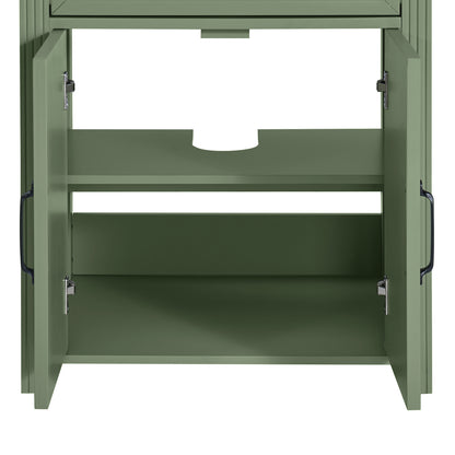 An olive green storage cabinet with two doors swung open to reveal two interior shelves, including a central circular cutout, set against a plain background.