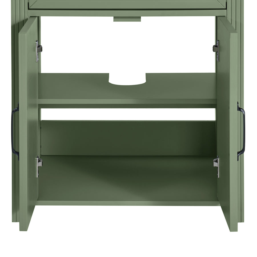An olive green storage cabinet with two doors swung open to reveal two interior shelves, including a central circular cutout, set against a plain background.