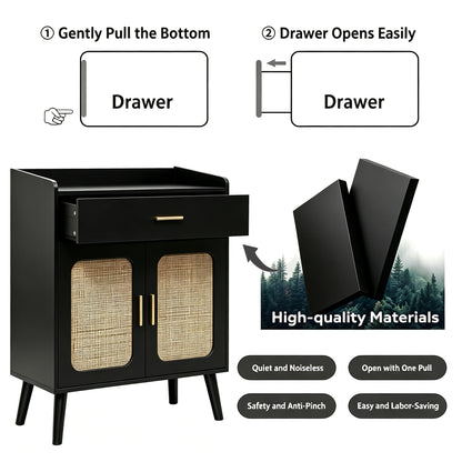 Black vanity cabinet with two cane-look front doors, one open drawer, and gold-tone handles, shown on a white background with feature callouts and material callouts.