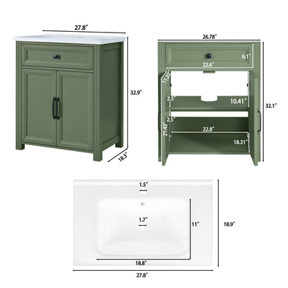 Olive green bathroom vanity cabinet shown with dimension callouts on a background. The cabinet is sage green with a top and black hardware.