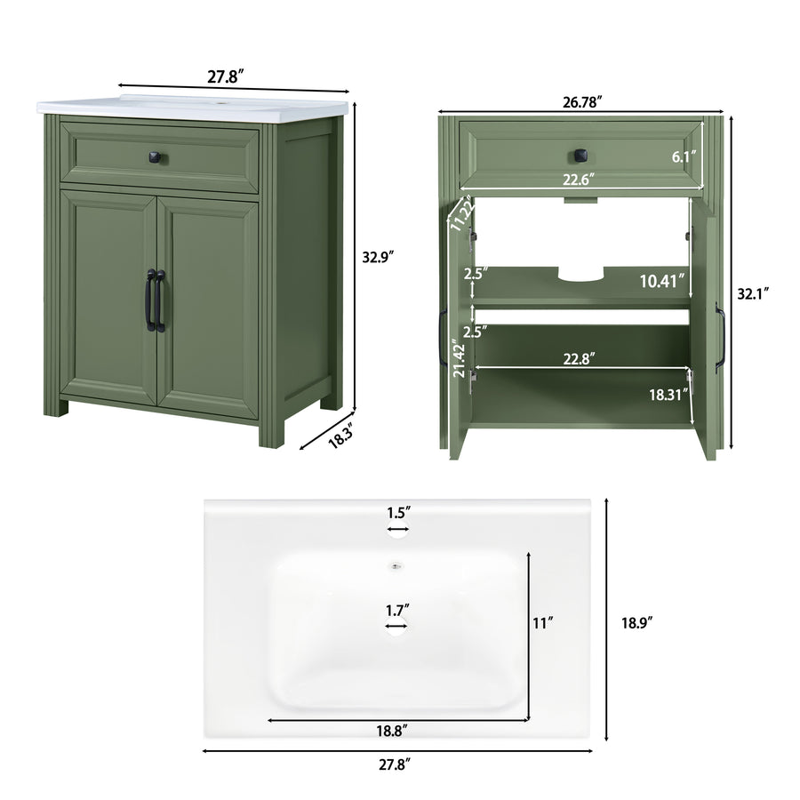 Olive green bathroom vanity cabinet shown with dimension callouts on a background. The cabinet is sage green with a top and black hardware.