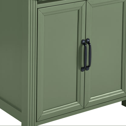 A close-up of a Olive green cabinet with two paneled doors and dark metal bar handles, shown against a background.