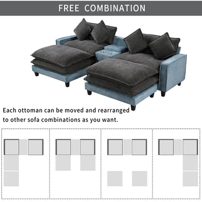 Grey + Light Blue Sectional Sofa with Ottoman