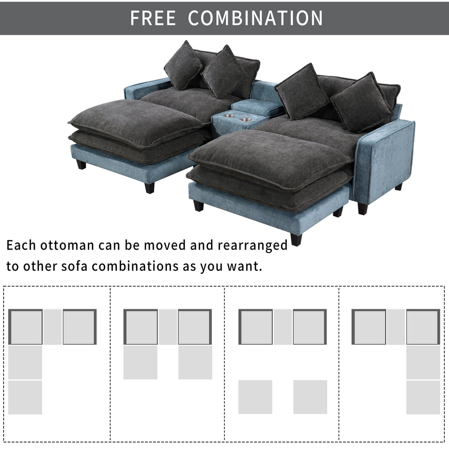 Grey + Light Blue Sectional Sofa with Ottoman