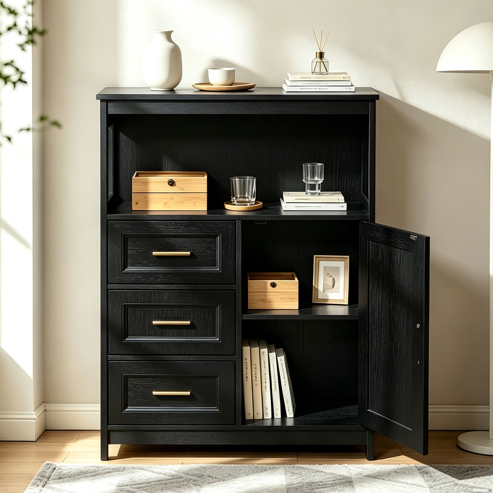 A black wooden storage cabinet with three drawers, open shelving, and a side door shown open, styled with books, glasses, and small wooden boxes in a bright room.