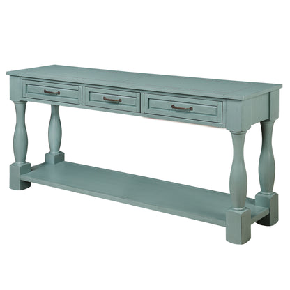 60inch Long Wood Console Table with 3 Drawers and 1 Bottom Shelf for Entryway Hallway Easy Assembly Extra-thick Sofa Table ( Retro Blue)