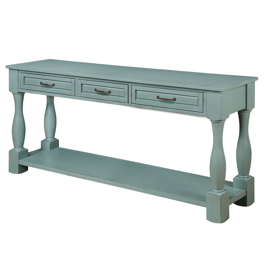 60inch Long Wood Console Table with 3 Drawers and 1 Bottom Shelf for Entryway Hallway Easy Assembly Extra-thick Sofa Table ( Retro Blue)