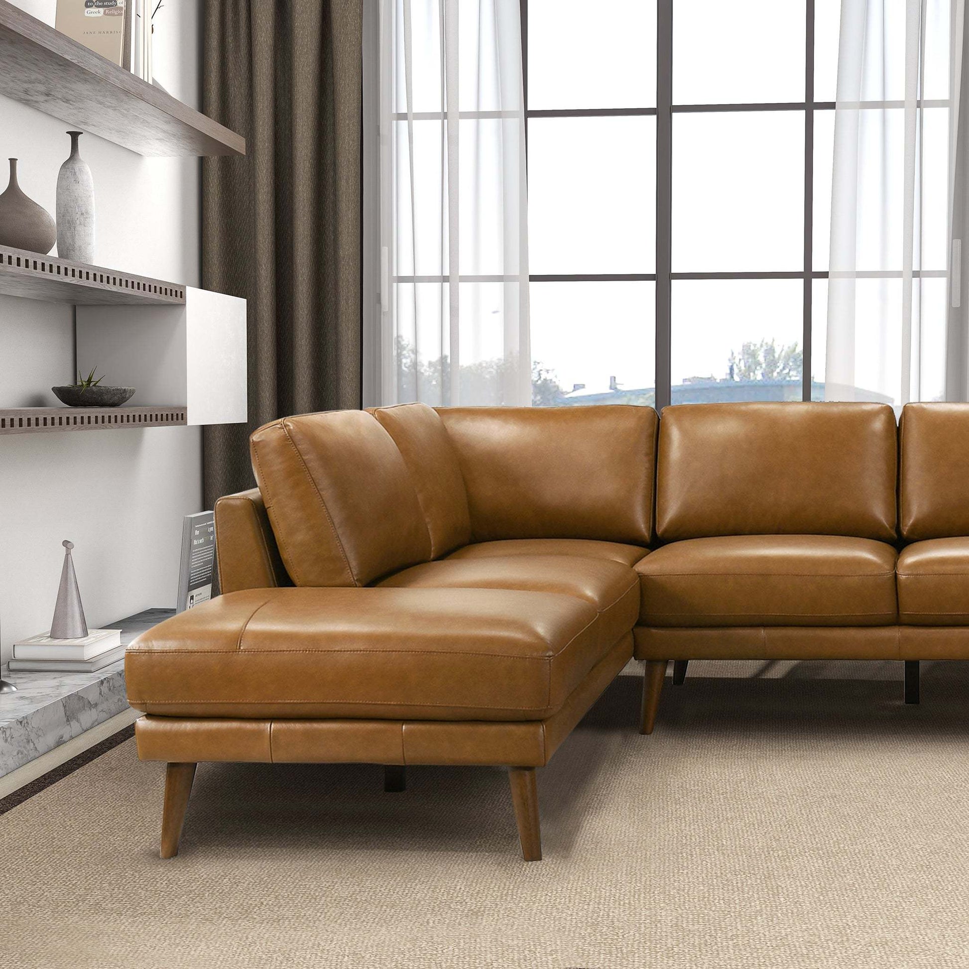Tan Leather Sectional Sofa with Left Facing Chaise