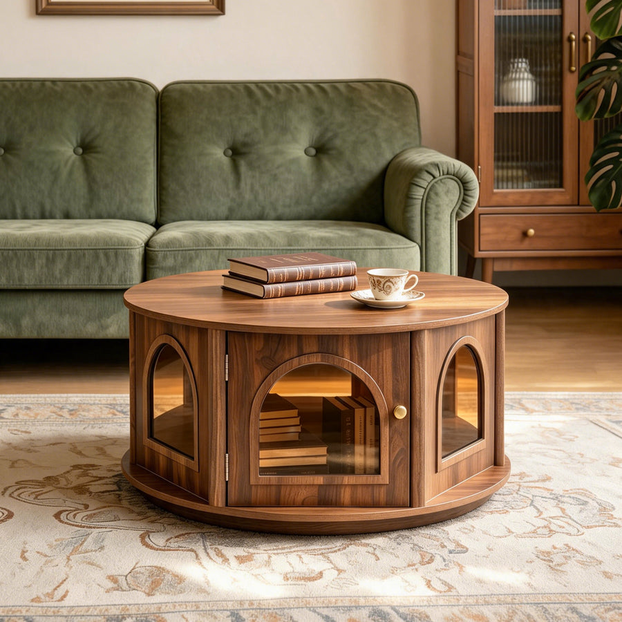31.5' Round Coffee Table  with Storage, Arched Glass Door Pet House Table in Walnut Wood Grain, Mid-Century Modern Furniture for Living Room