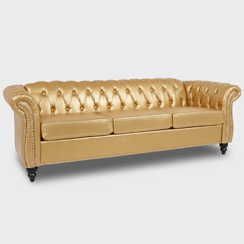 Gold PU Leather 3 Seater round arm sofa