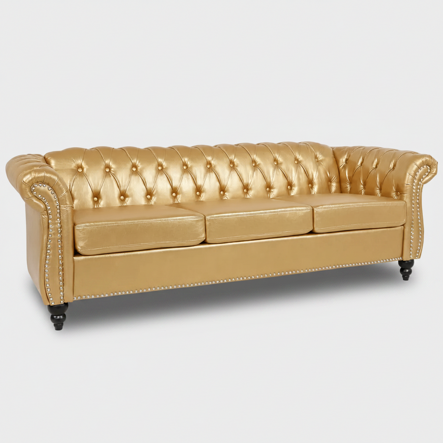 Gold PU Leather 3 Seater round arm sofa