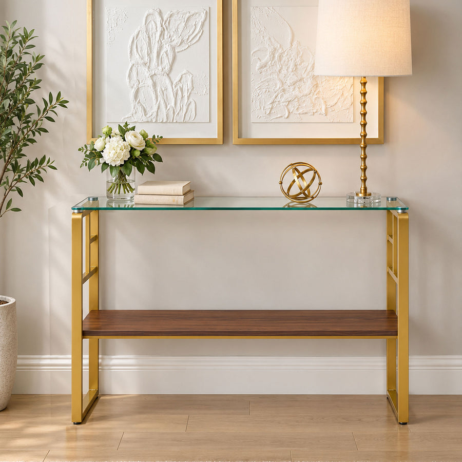 side table with metal frame and glass top