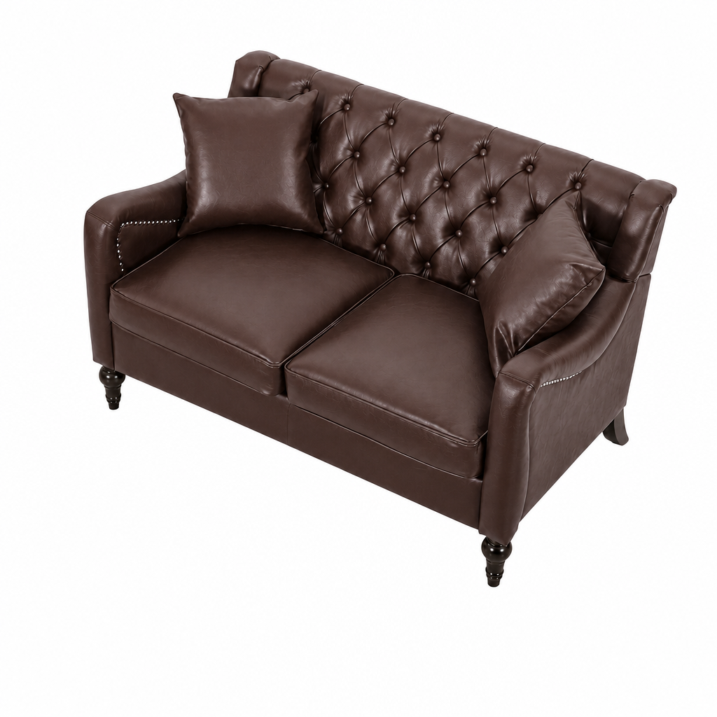 A classic two-seater loveseat sofa upholstered in Dark Brown Loveseat  faux leather, featuring a tufted button backrest, rolled arms, and dark turned legs, shown with two matching throw pillows on a white background.