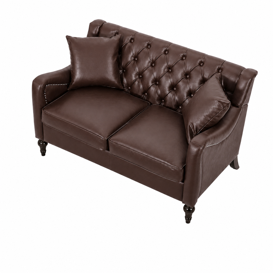 A classic two-seater loveseat sofa upholstered in Dark Brown Loveseat  faux leather, featuring a tufted button backrest, rolled arms, and dark turned legs, shown with two matching throw pillows on a white background.