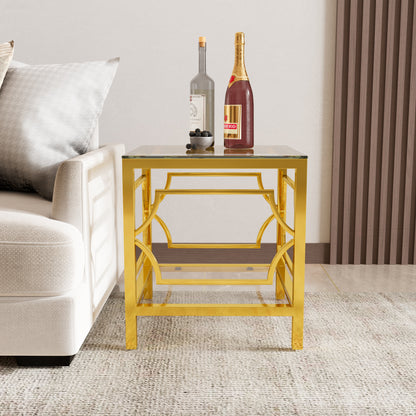 Transparent tampered glass golden metal leg square side table