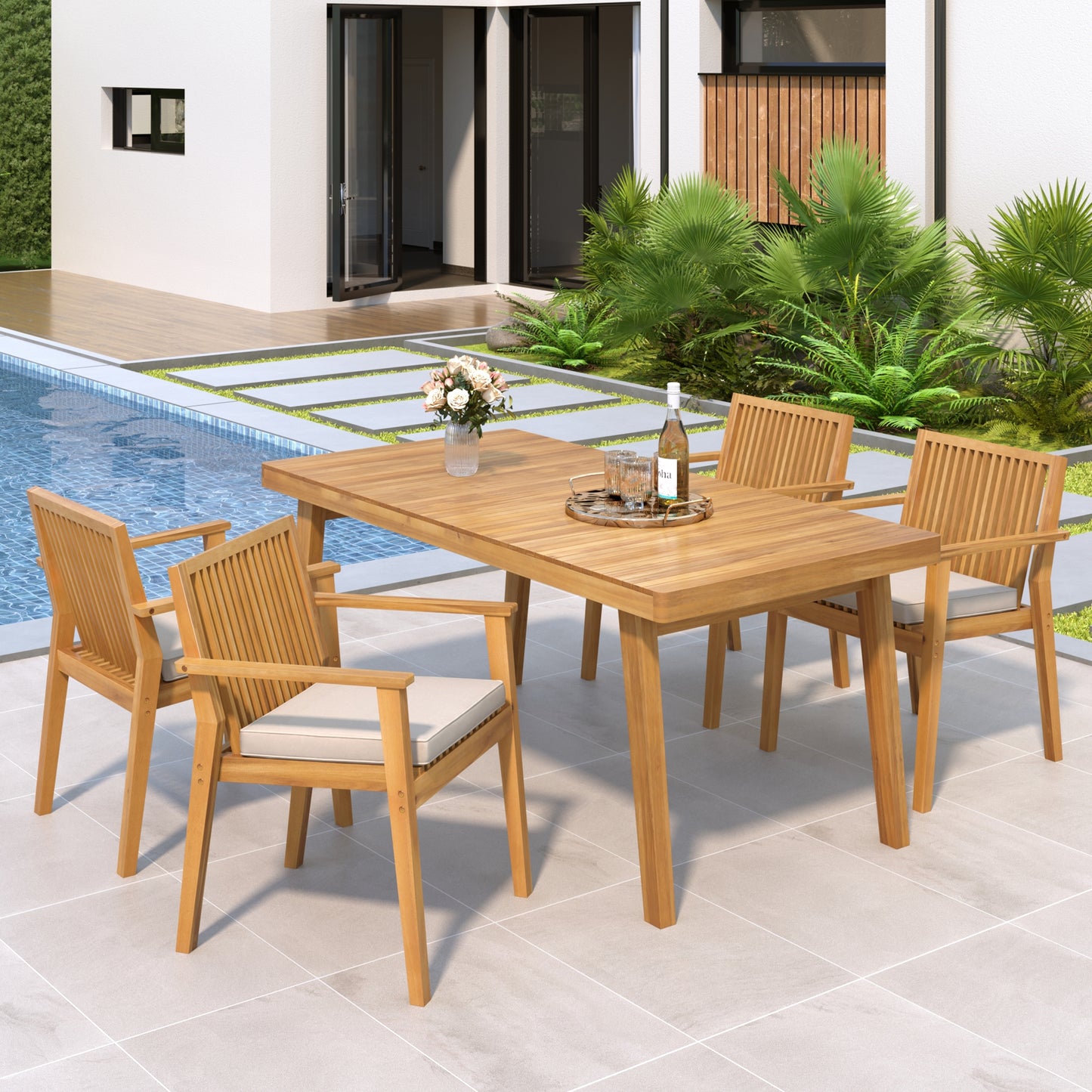 Durable 5 - Piece Patio Furniture Set Acacia Wood Table and 4 Heavy-Duty Cushioned Chairs, Natural