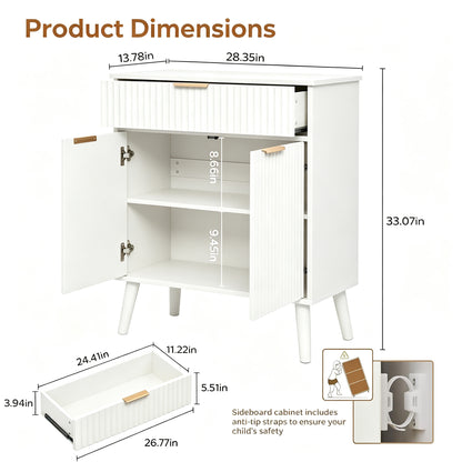 White ribbed wood nightstand with one drawer and two cabinet doors, shown with open dimensions and a separate drawer dimension diagram on a white background.