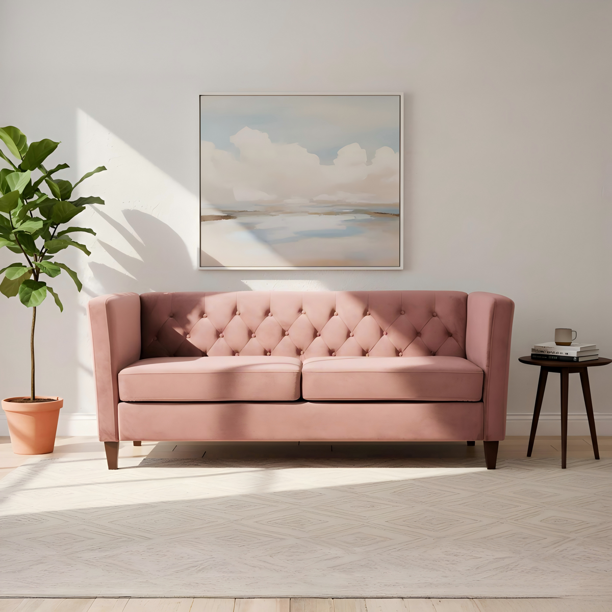 Button Tufted Velvet 3-Seater Sofa Rose Gold