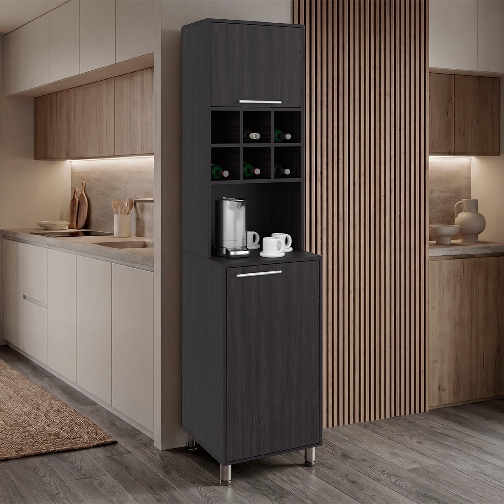 Tall dark wood cabinet in a modern kitchen setting with various items on shelves. Wenge
