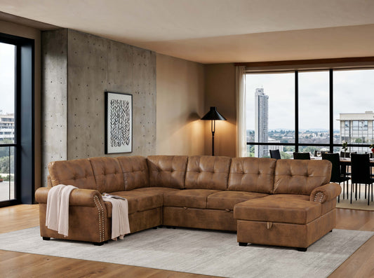 Faux Leather Fabric U-Shape Sectional Sleeper Sofa (Pull-Out Bed) With Storage Chaise