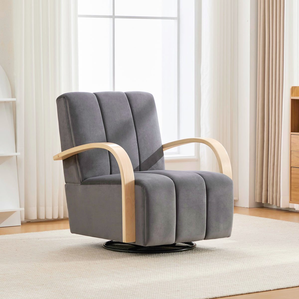 30.3'W Upholstered 360° Swivel Accent Chair with Solid Wood Armrests and Comfy Channel Tufted Lounge Reading Chair, Single Sofa Armchair for Hotel Bedroom Living Room Office and Bedroom. Charcoal