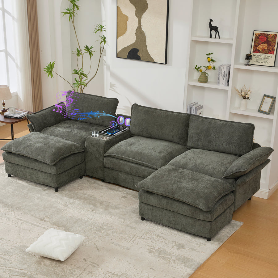 U Shaped Modular Sectional Sofa,Storage Console & Wireless Charging,2 Cup Holders,Bluetooth Speakers,2 Movable Footstools,Adjustable handrail,Movable seat,Chenille