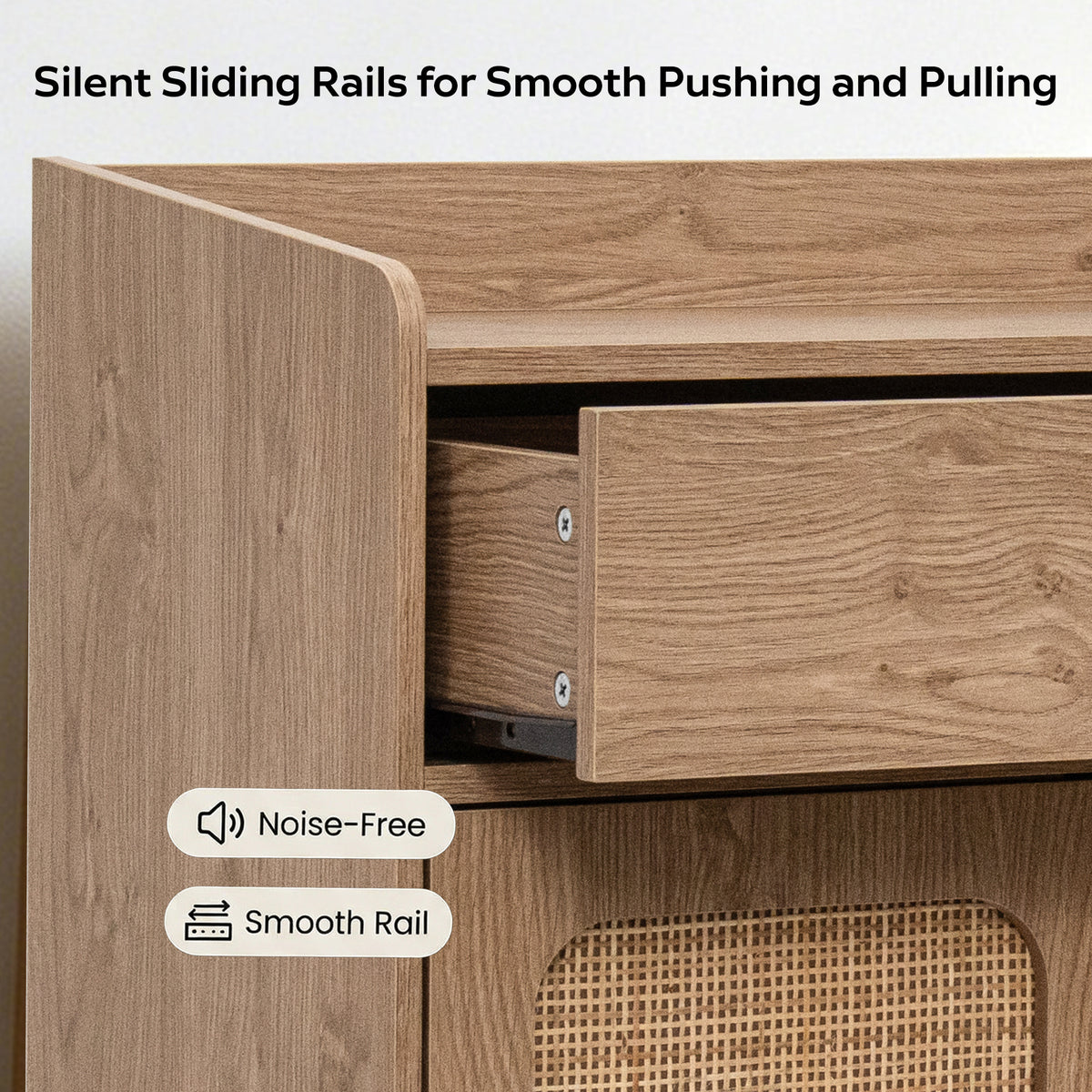 natural  Close-up of a wooden drawer with a sliding rail mechanism partially extended, shown on a furniture piece with text overlays reading 'Silent Sliding Rails for Smooth Pushing and Pulling' and badge labels 'Noise-Free' and 'Smooth Rail'.