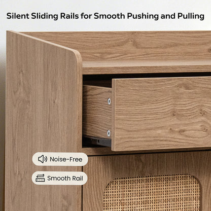 natural  Close-up of a wooden drawer with a sliding rail mechanism partially extended, shown on a furniture piece with text overlays reading 'Silent Sliding Rails for Smooth Pushing and Pulling' and badge labels 'Noise-Free' and 'Smooth Rail'.