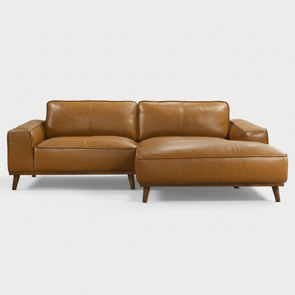 Right Facing Sectional Sofa with Mid-Century Modern Design, Genuine Leather Upholstery, Walnut-Finished Wood Legs, 98-Inch L-Shaped Layout