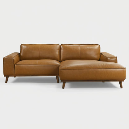 Right Facing Sectional Sofa with Mid-Century Modern Design, Genuine Leather Upholstery, Walnut-Finished Wood Legs, 98-Inch L-Shaped Layout