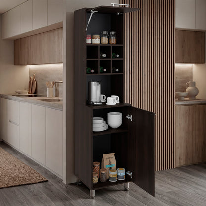 Kitchen cabinet with open doors displaying kitchenware and supplies in a modern kitchen. Walnut