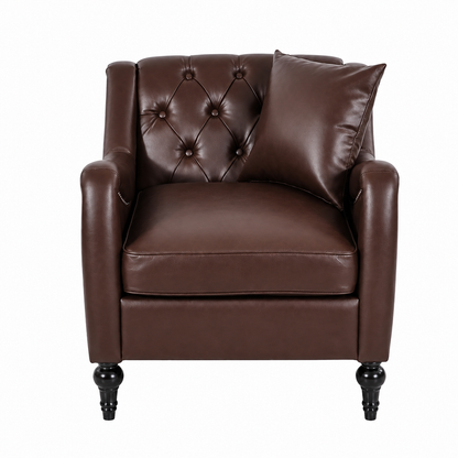 A classic Dark Brown solo leather armchair with button tufting on the backrest and a matching throw pillow, set against a plain white background.