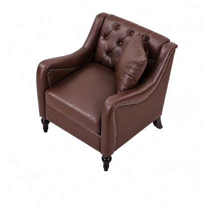 A classic Dark Brown solo faux leather armchair with button tufting on the backrest, a matching throw pillow, and silver nailhead trim, shown on a solid white background.