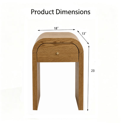 Product dimensions diagram of a small Walnut Brown wooden nightstand or end table with a single drawer and curved top, showing measurements of 18 inches width, 13 inches depth, and 23 inches height on a white background.