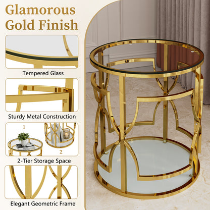 Transparent tempered glass golden metal leg round side table