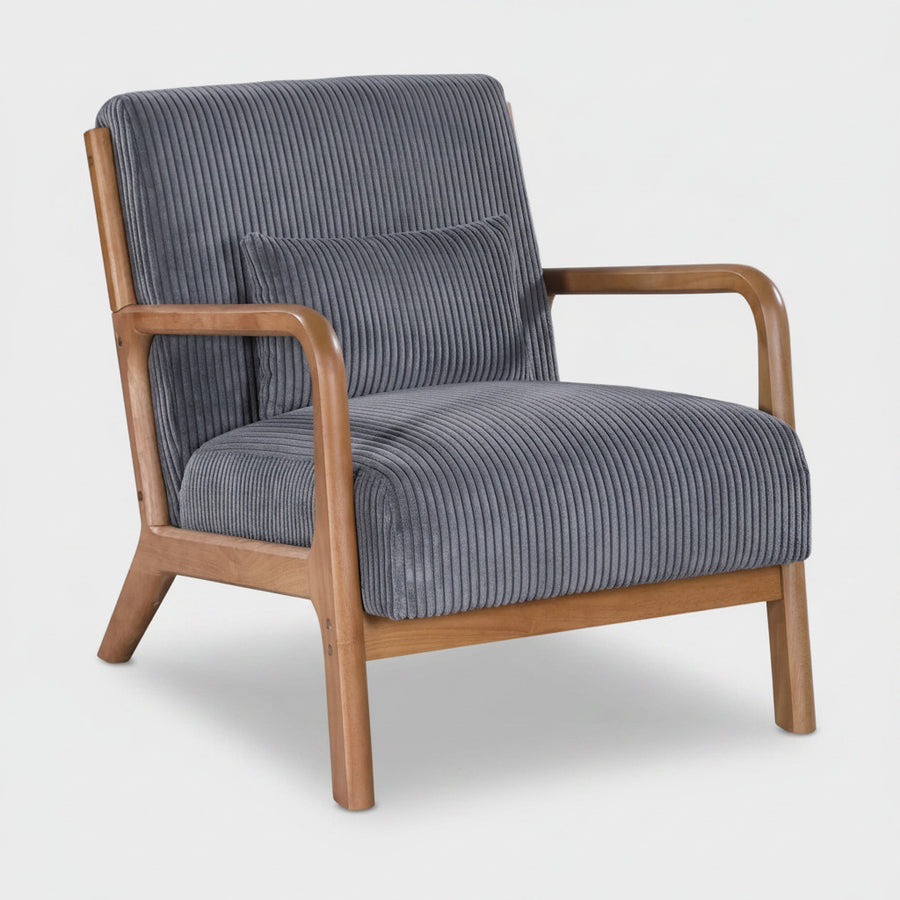 Dark Gray Corduroy Upholstered Wooden Armchair with Back Support Pillow