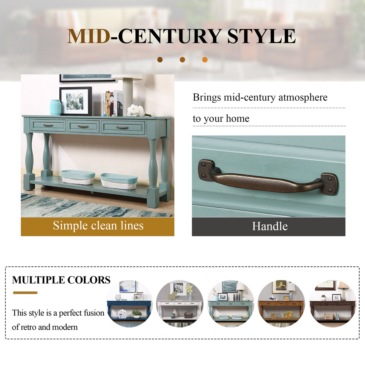 60inch Long Wood Console Table with 3 Drawers and 1 Bottom Shelf for Entryway Hallway Easy Assembly Extra-thick Sofa Table ( Retro Blue)