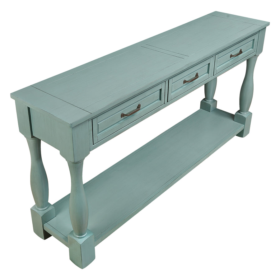 60inch Long Wood Console Table with 3 Drawers and 1 Bottom Shelf for Entryway Hallway Easy Assembly Extra-thick Sofa Table ( Retro Blue)