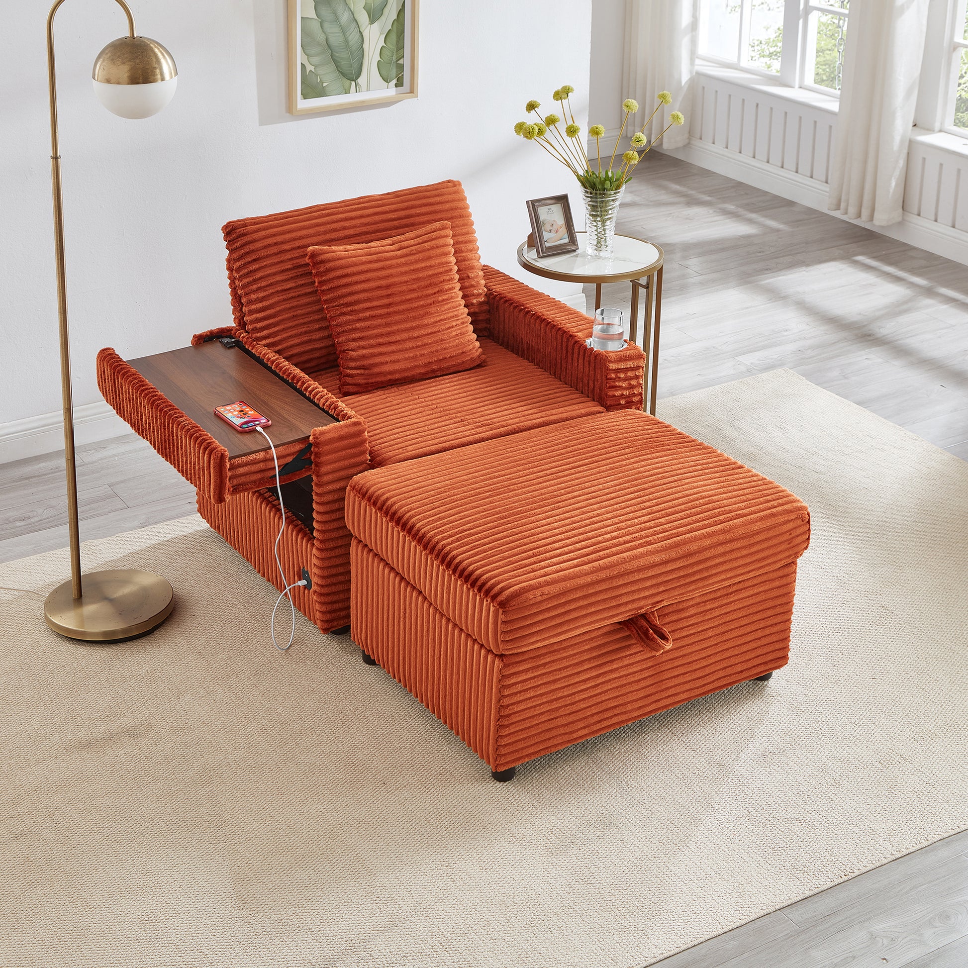 Orange sofa bed with ottoman storage