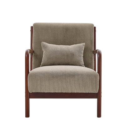 Camel Corduroy Upholstered Wooden Armchair with Back Support Pillow