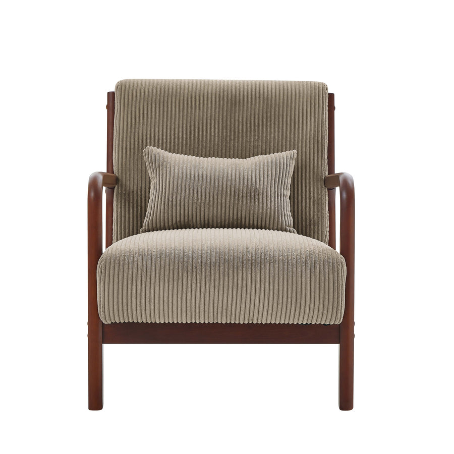 Camel Corduroy Upholstered Wooden Armchair with Back Support Pillow