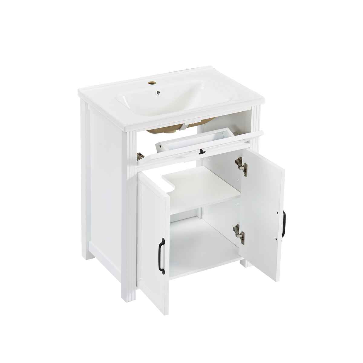 A white bathroom vanity cabinet with an integrated sink, a top drawer, and two open lower cabinet doors showing storage space, photographed on a plain white background.