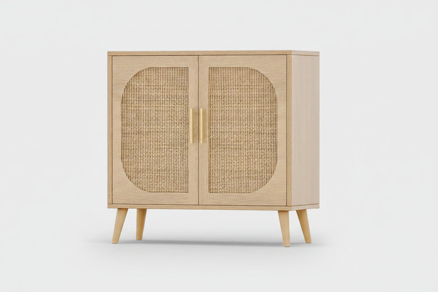 Natural Wooden cabinet with rattan doors on a white background