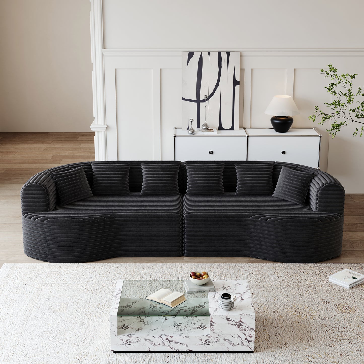 Curved Sectional Sofa, 106.3-inch Oversized Modern Bone-Free Cloud Sofa with 6 Pillows Luxury Corduroy Four-Seater Memory Foam Sofa with Deep Seat Design