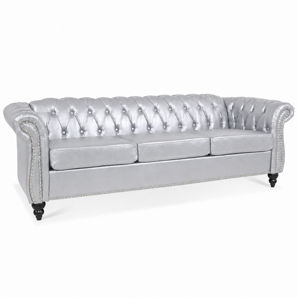 Silver PU Leather 3 Seater round arm sofa