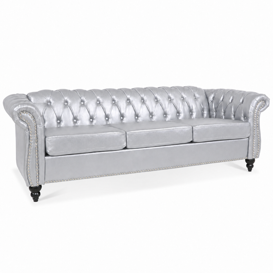 Silver PU Leather 3 Seater round arm sofa