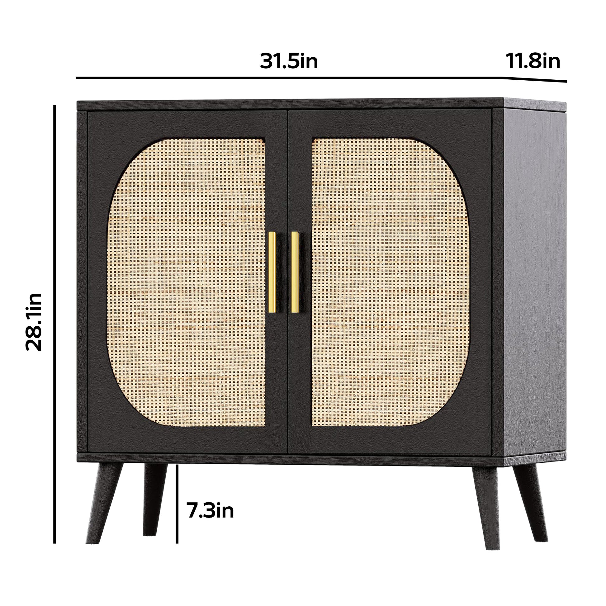Black Cabinet with wicker doors and dimensions on a white background