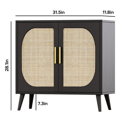 Black Cabinet with wicker doors and dimensions on a white background
