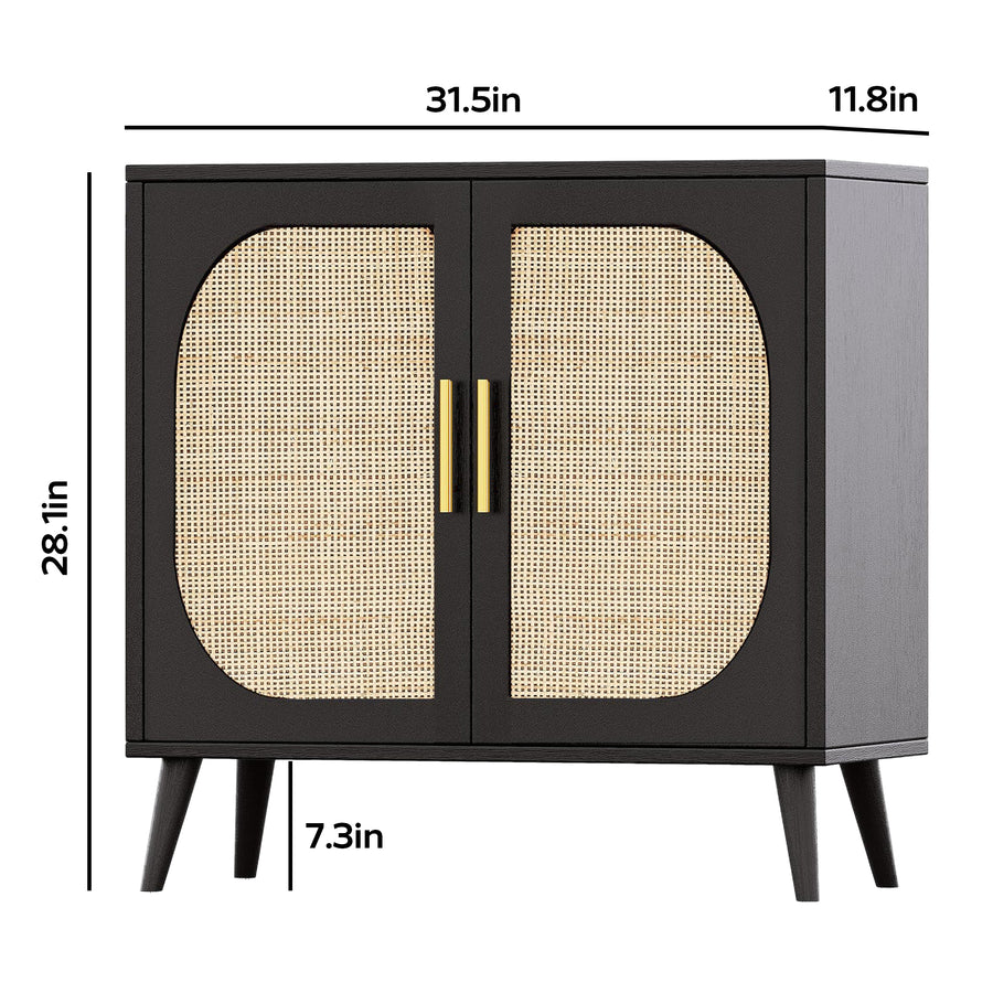 Black Cabinet with wicker doors and dimensions on a white background