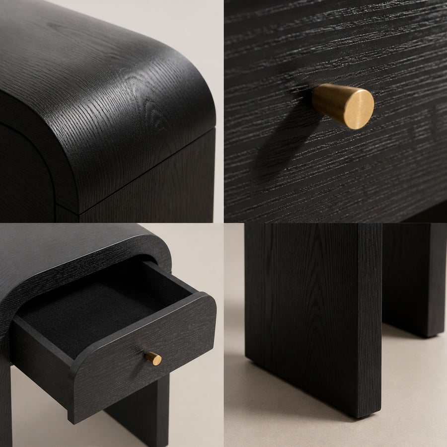 A four-panel close-up collage of a black wood drawer unit with a curved top, open drawer, and cylindrical brass pull knobs on a light neutral background.